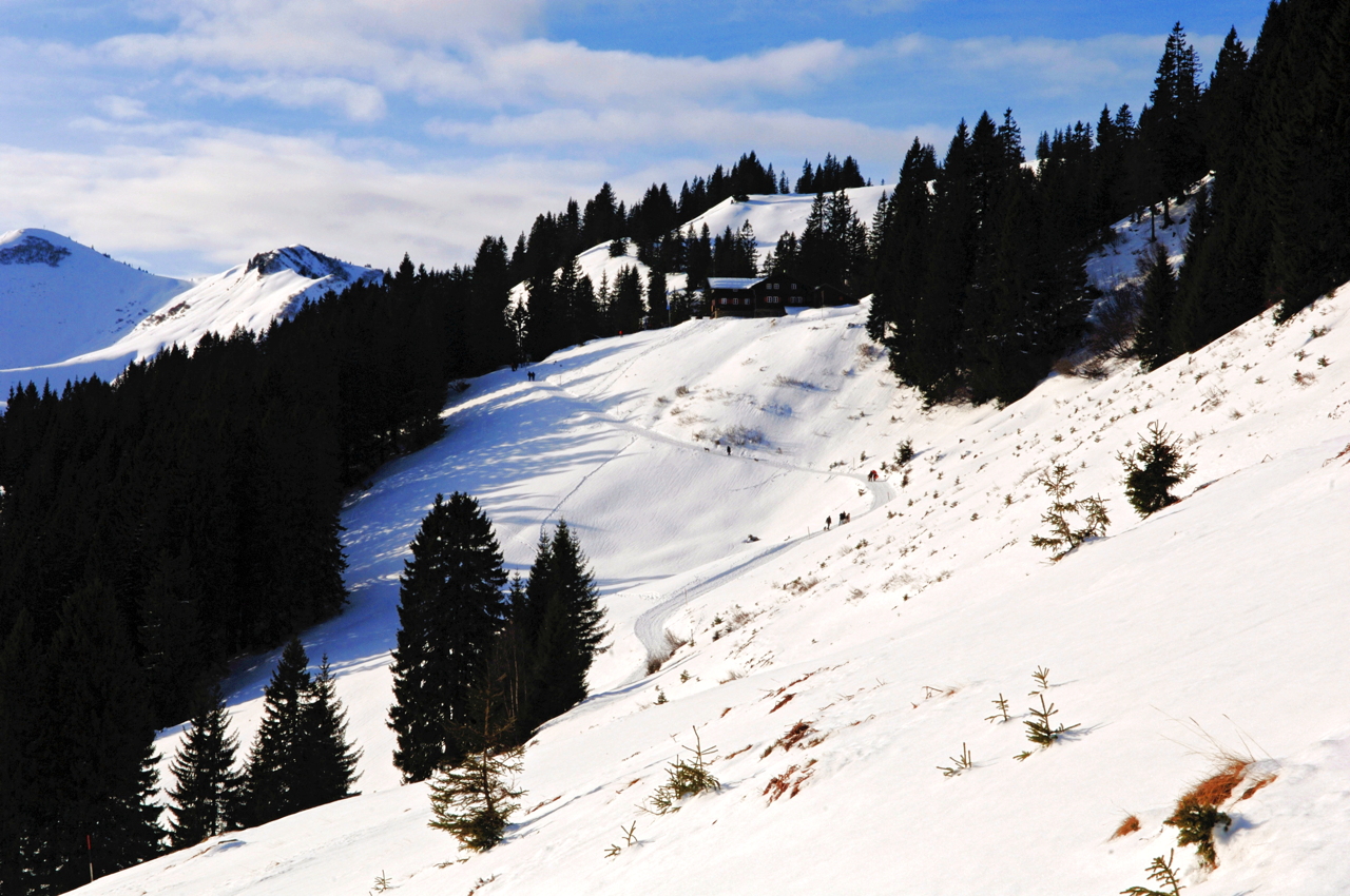 Hörnerbahn nur 7km von Oberstdorf in Bolsterlang längste Höhen-Winterwanderwege im Allgäu mit Berghaus Schwaben