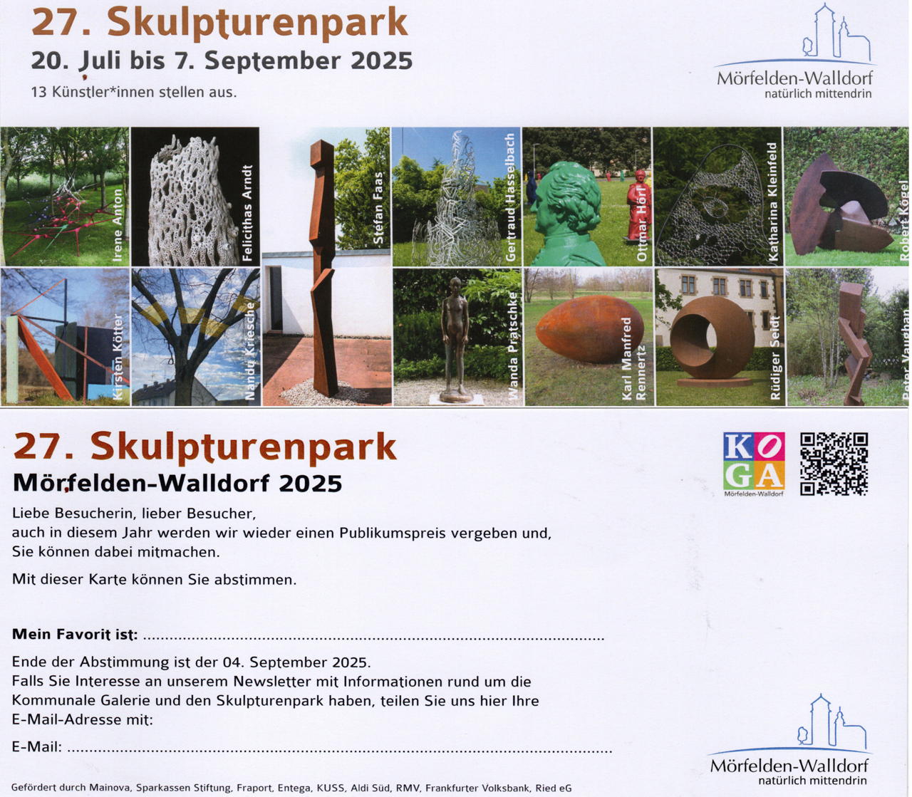 27.Skulpturenpark 2025 Vom 20. Juli bis 7. September 2025 im Bürgerpark Mörfelden in einem Open-Air-Ausstellungsraum mit Skulptur und Objektkunst.