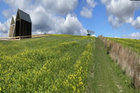 Spiegelarche Roldisleben Rastenberg Spiegelcontainer Kunstwerke Art auf dem Feld  ein Luftbild  zwischen Sonne Wolken und Erde.